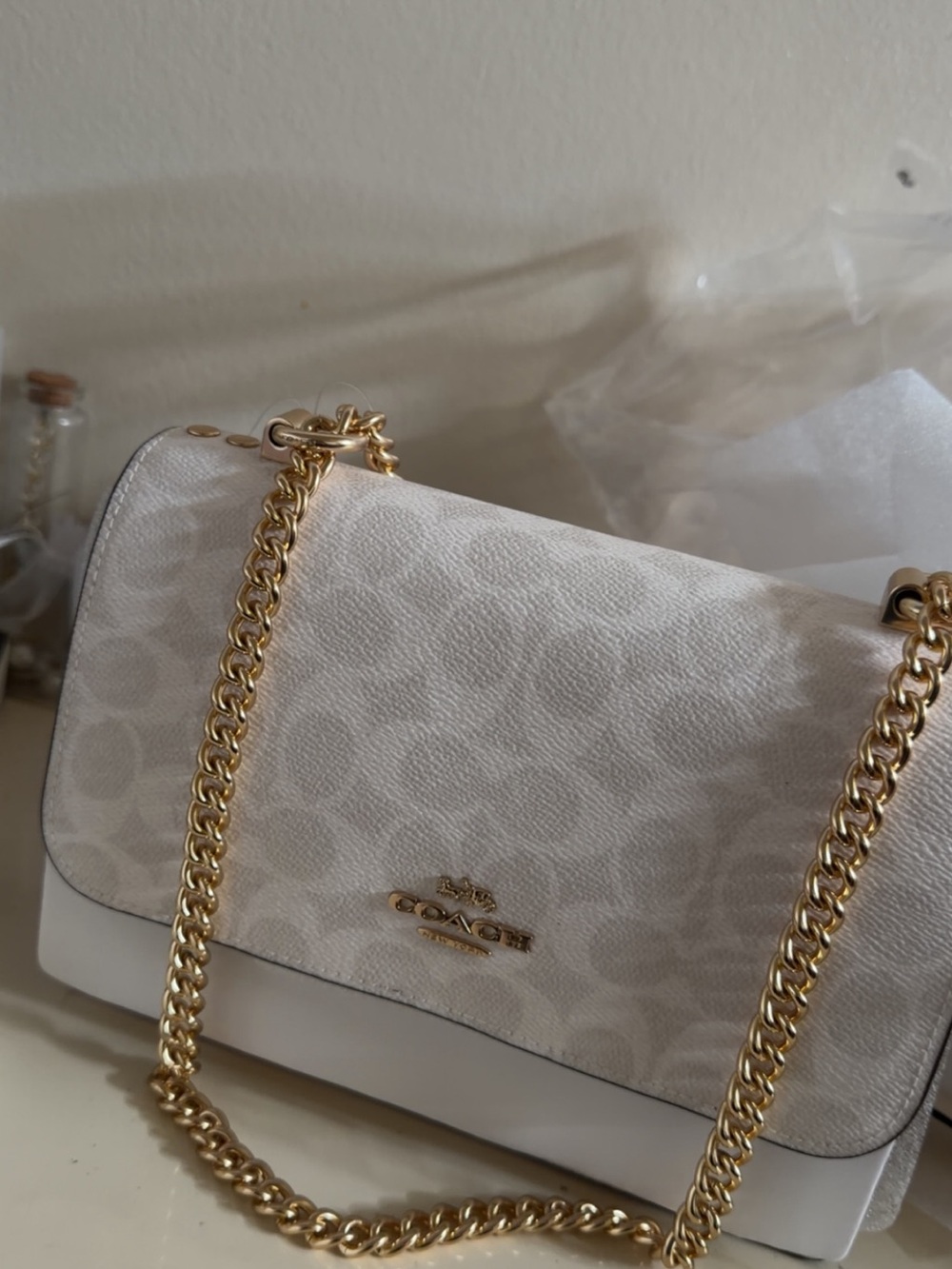 Coach Signature Canvas Shoulder Bag in Light Beige and White with Gold Chain - Picture 3 of 4